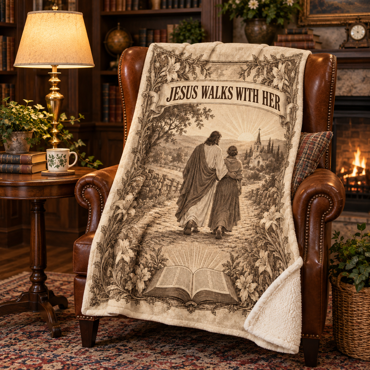 Jesus Walks With Her – Vintage Faith Christian Blanket