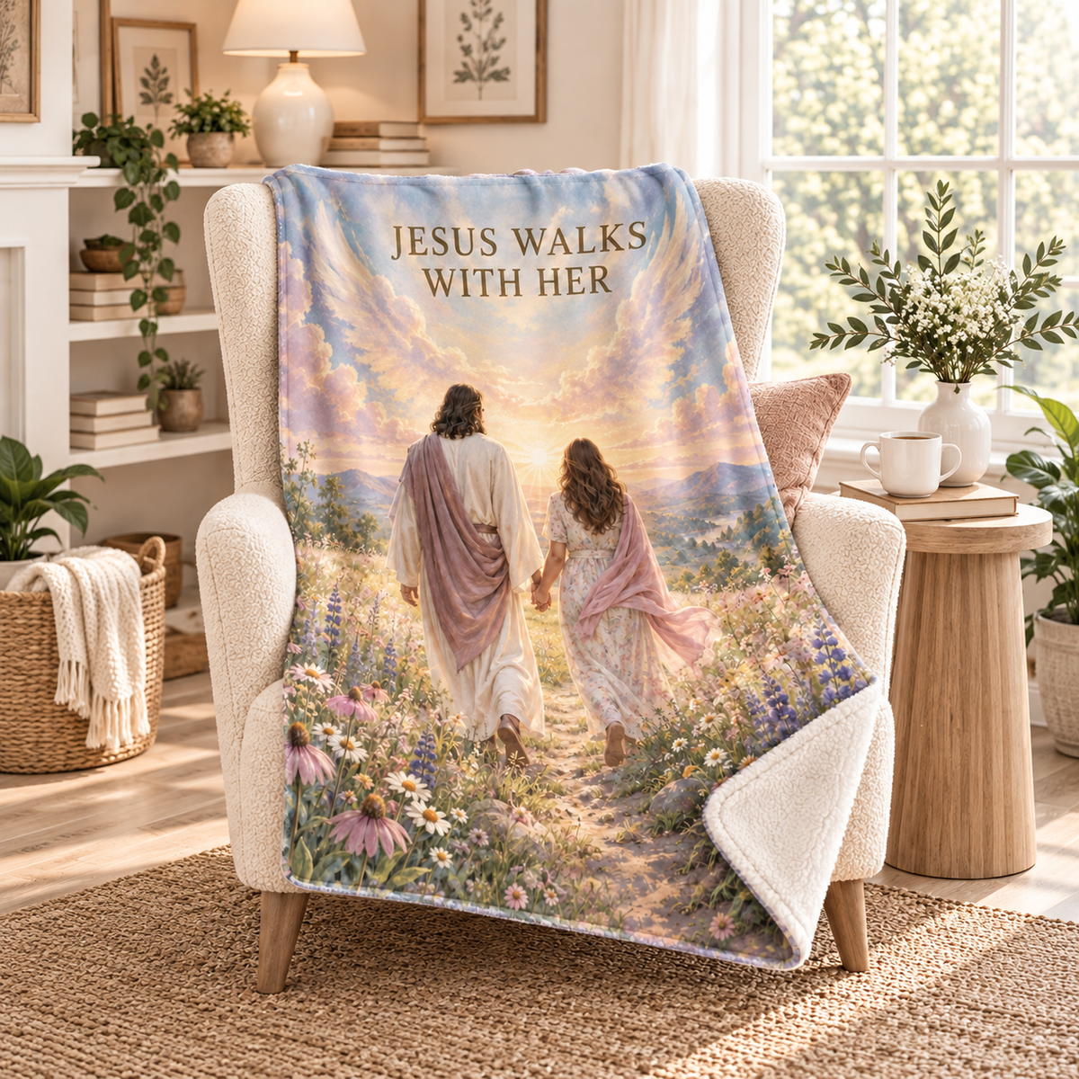 Jesus Walks With Her – Wildflower Christian Blanket