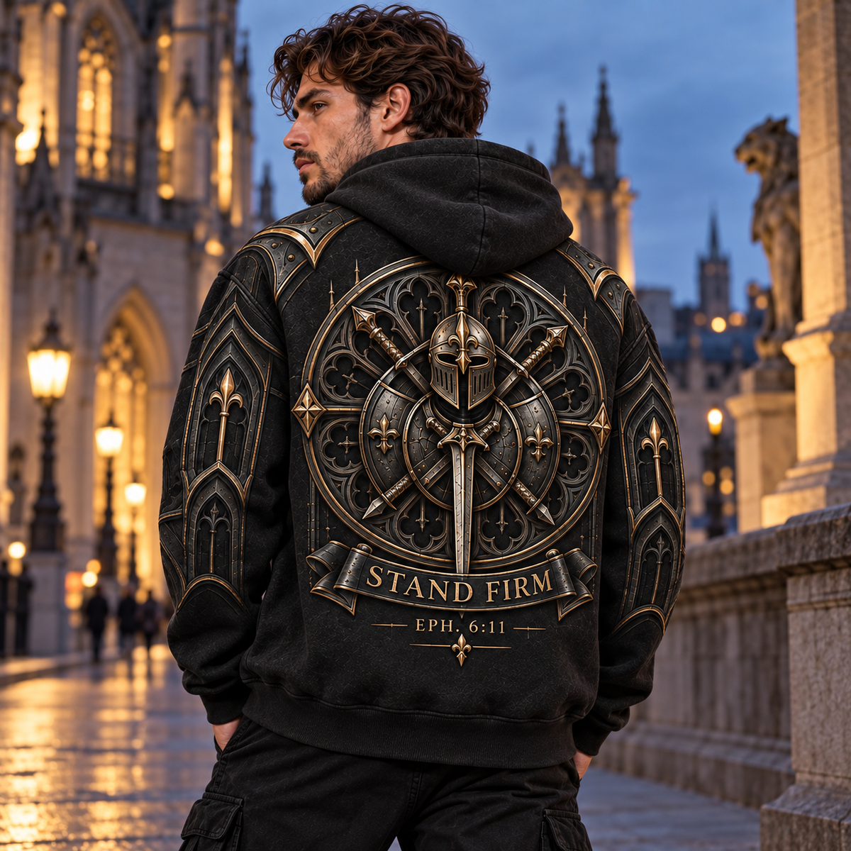 Gothic Guardian Armor of God Christian Hoodie – Black & Gold
