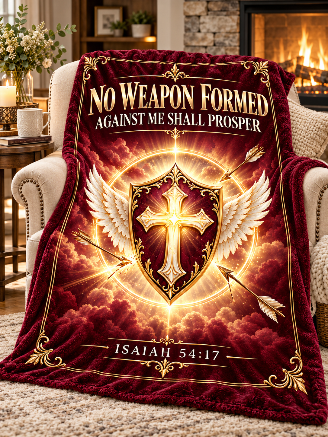 No Weapon Formed – Crowned Protection Burgundy Christian Blanket