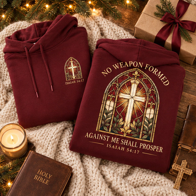 No Weapon Formed – Sanctuary Cross Burgundy Christian Hoodie