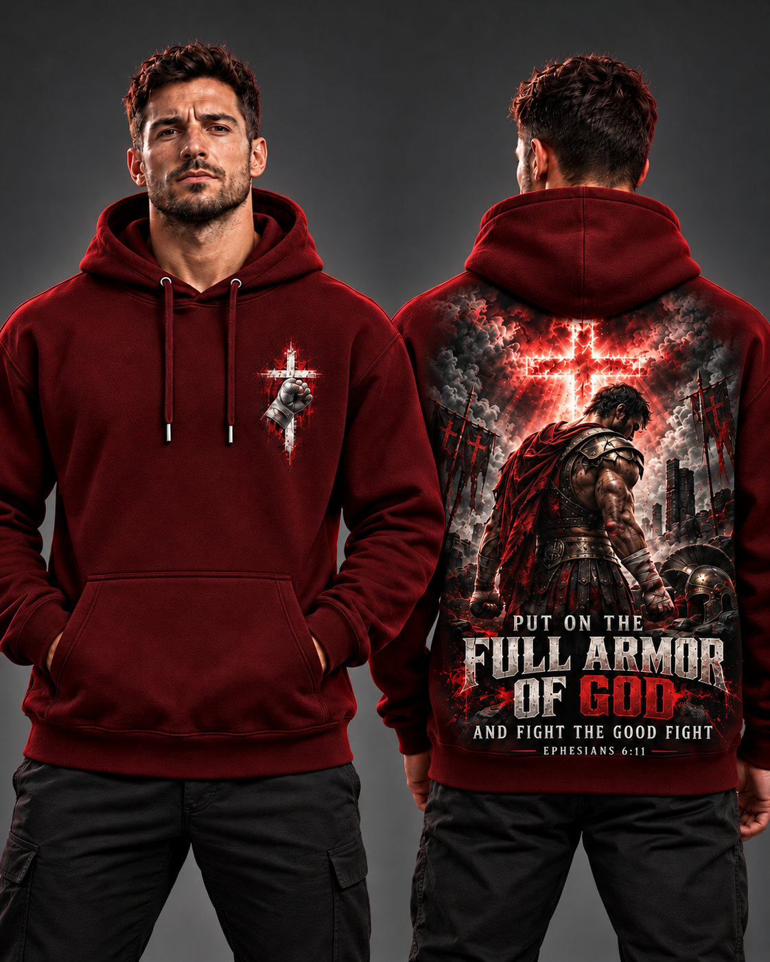 Fight the Good Fight – Full Armor Burgundy Christian Hoodie