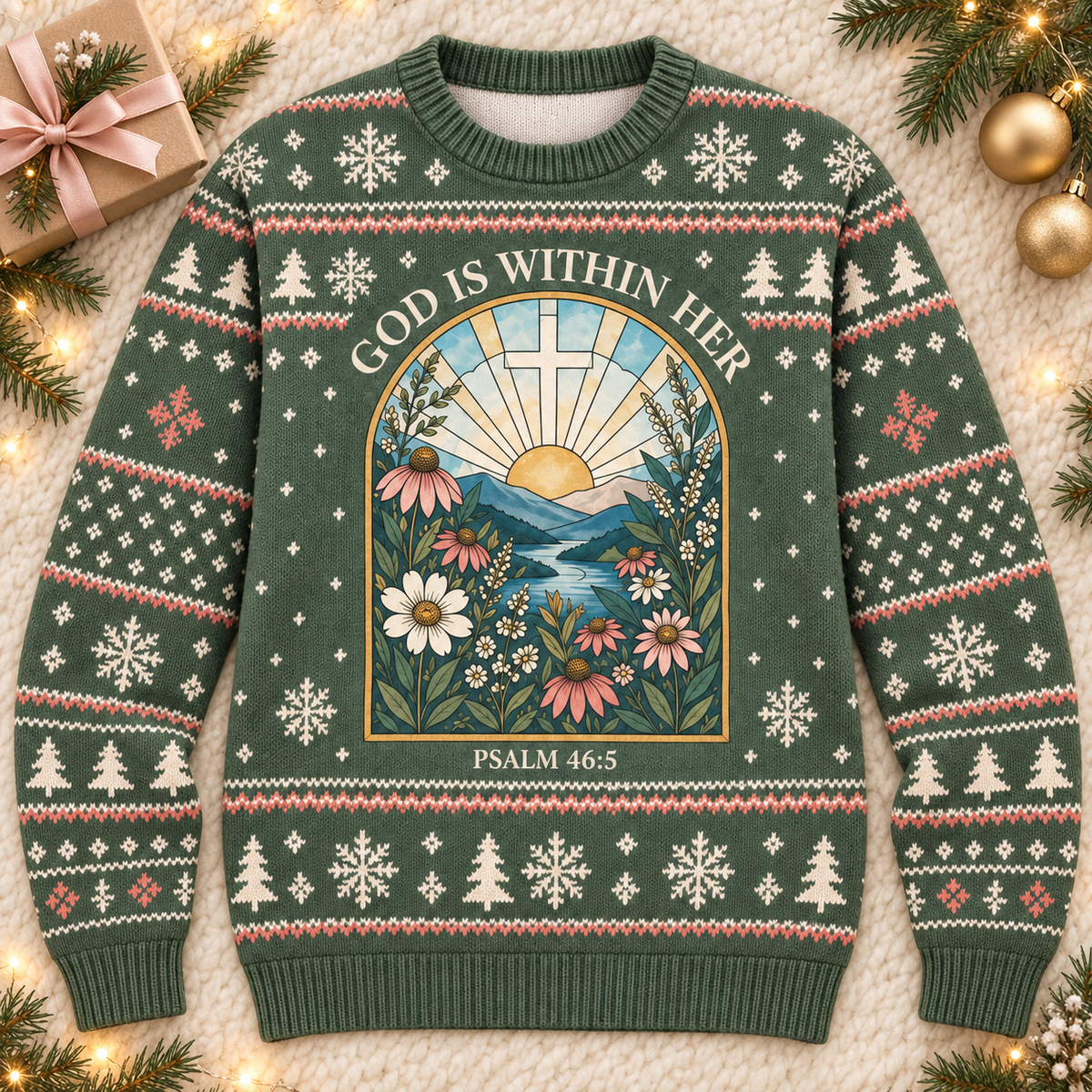 God Is Within Her Psalm 46:5 Christian Christmas Sweater – Stained Glass Sunrise