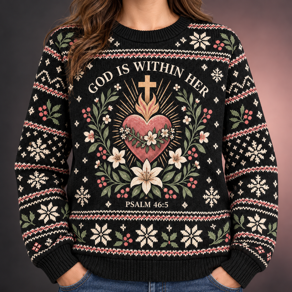 God Is Within Her Psalm 46:5 Christian Christmas Sweater – Sacred Heart