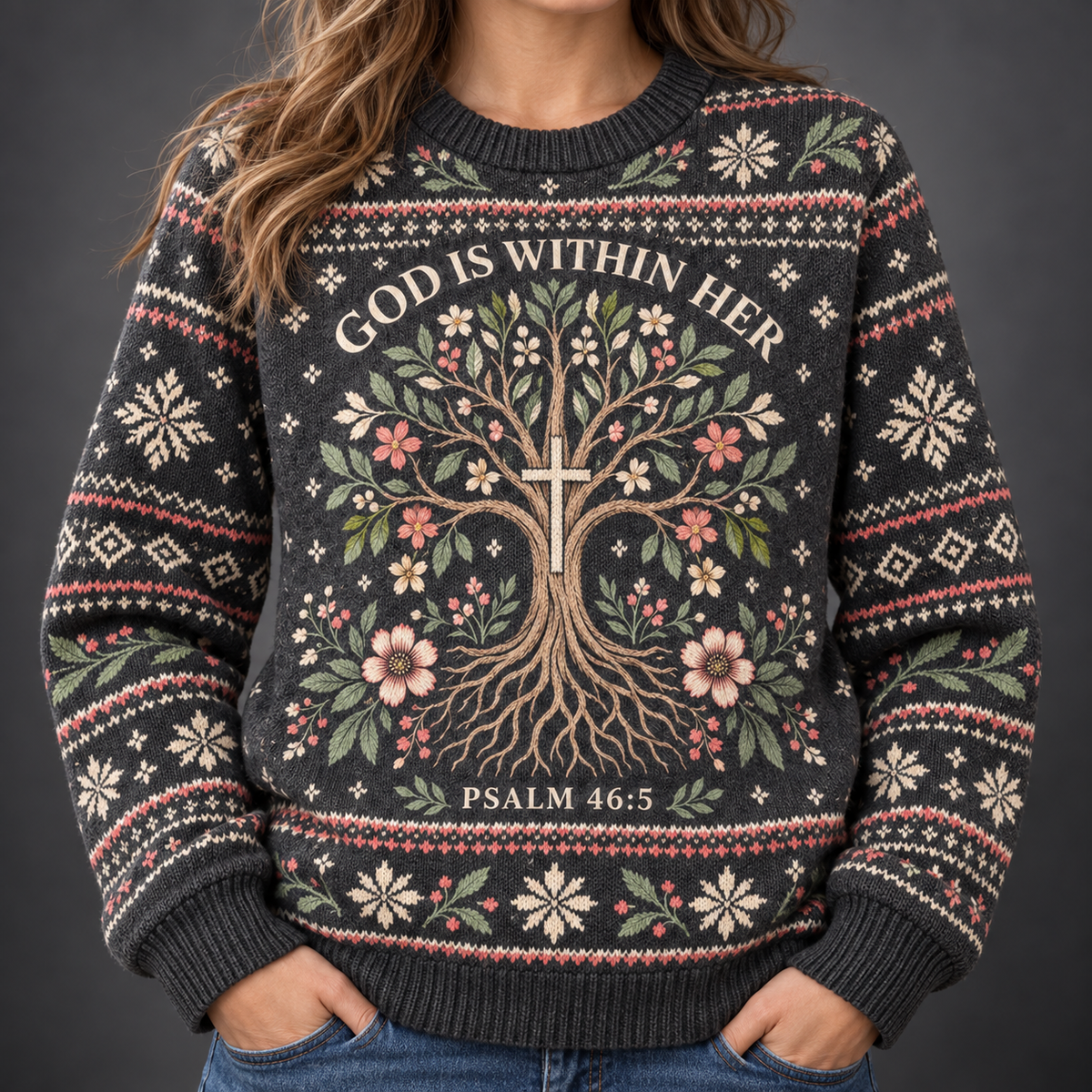 God Is Within Her Psalm 46:5 Christian Christmas Sweater – Tree of Faith