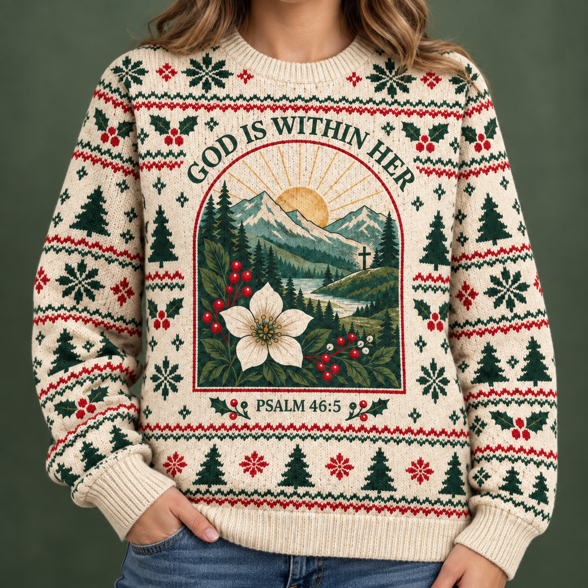 God Is Within Her Psalm 46:5 Christian Christmas Sweater – Mountain Sunrise