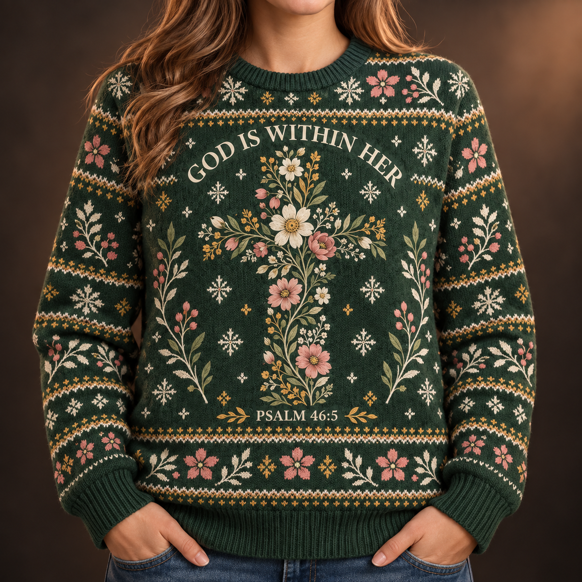God Is Within Her Psalm 46:5 Christian Christmas Sweater – Floral Cross