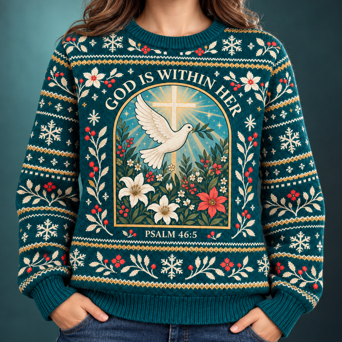 God Is Within Her Psalm 46:5 Christian Christmas Sweater – Dove of Peace