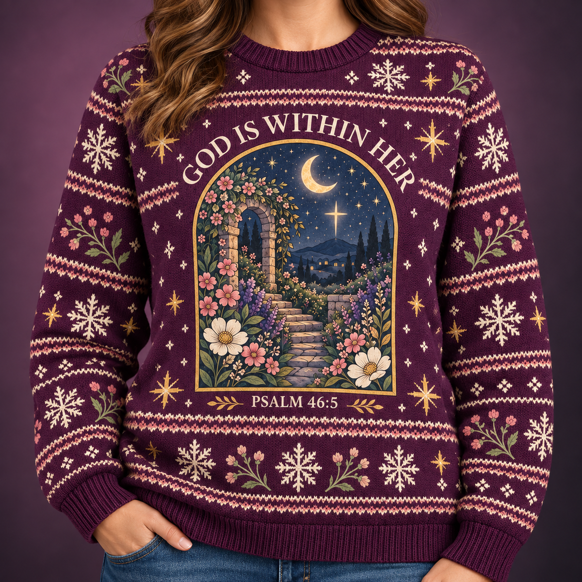 God Is Within Her Psalm 46:5 Christian Christmas Sweater – Midnight Garden