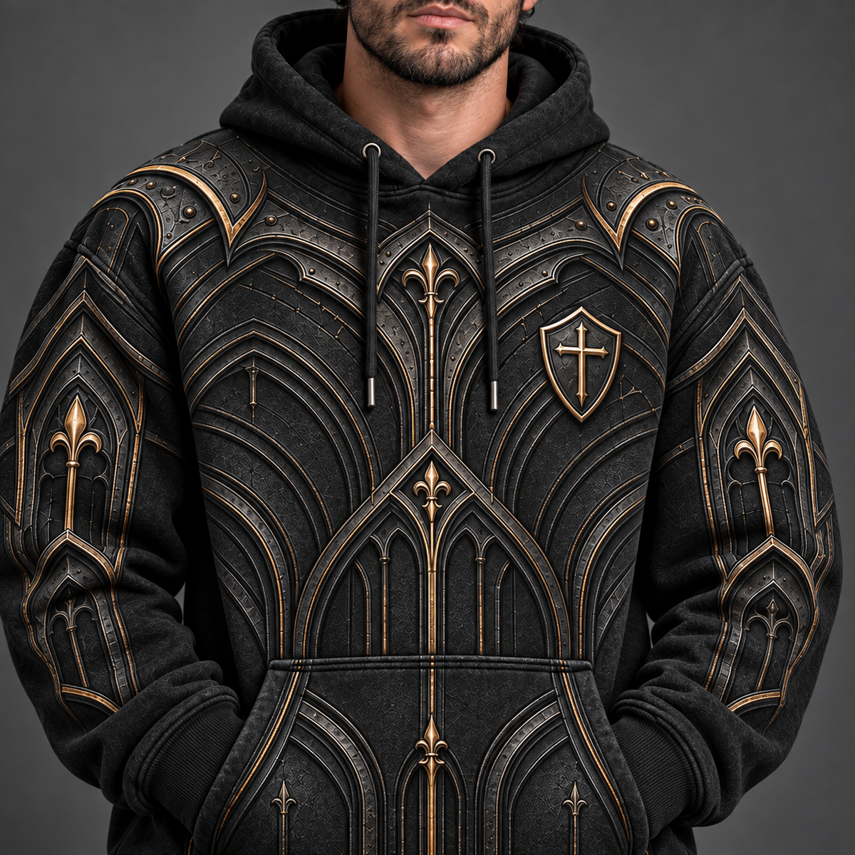 Gothic Guardian Armor of God Christian Hoodie – Black & Gold