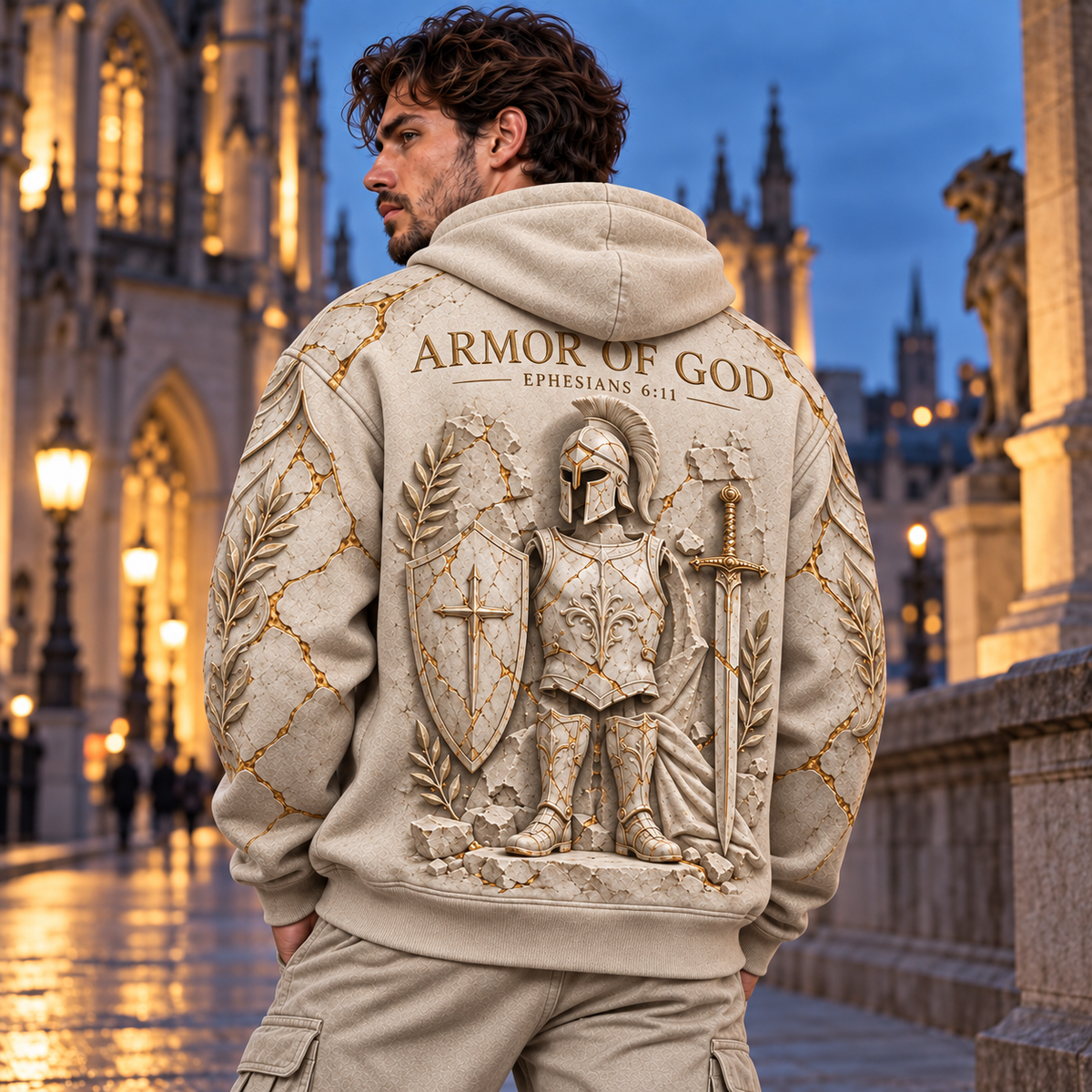 Armor of God Ephesians 6:11 Christian Hoodie – Ivory & Gold