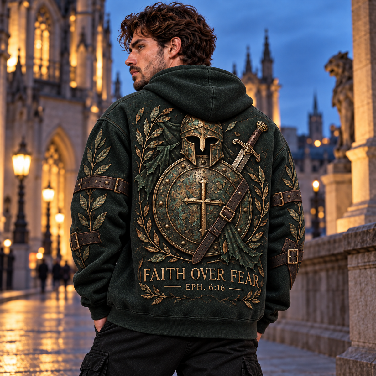 Faith Over Fear Ephesians 6:16 Christian Armor Hoodie – Forest Green