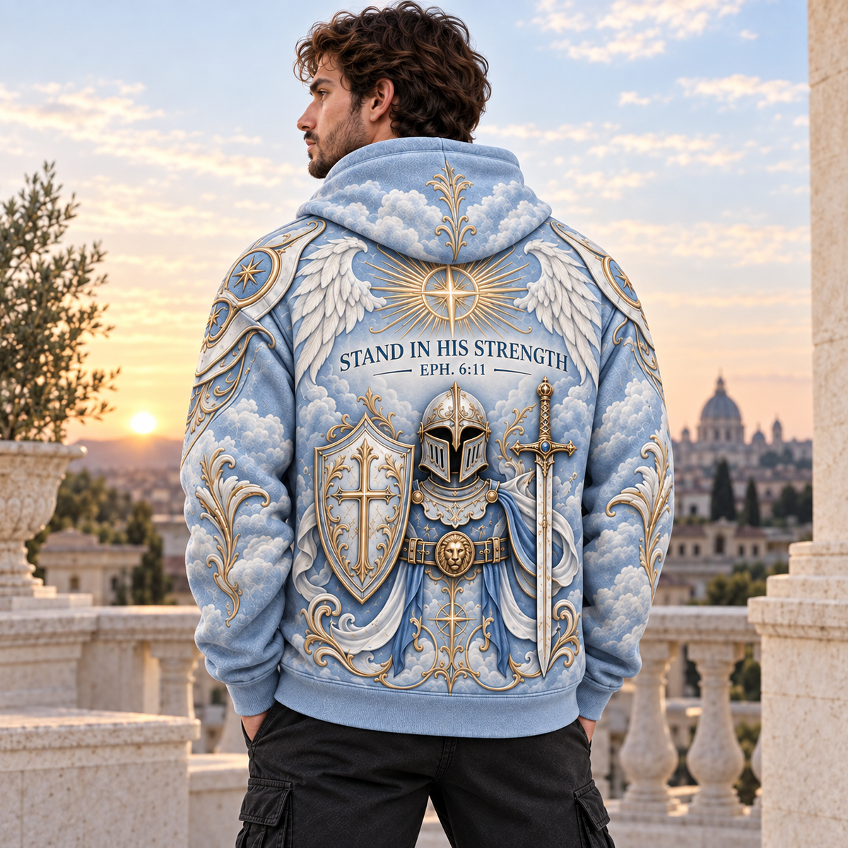 Stand In His Strength Ephesians 6:11 Christian Hoodie – Celestial Blue