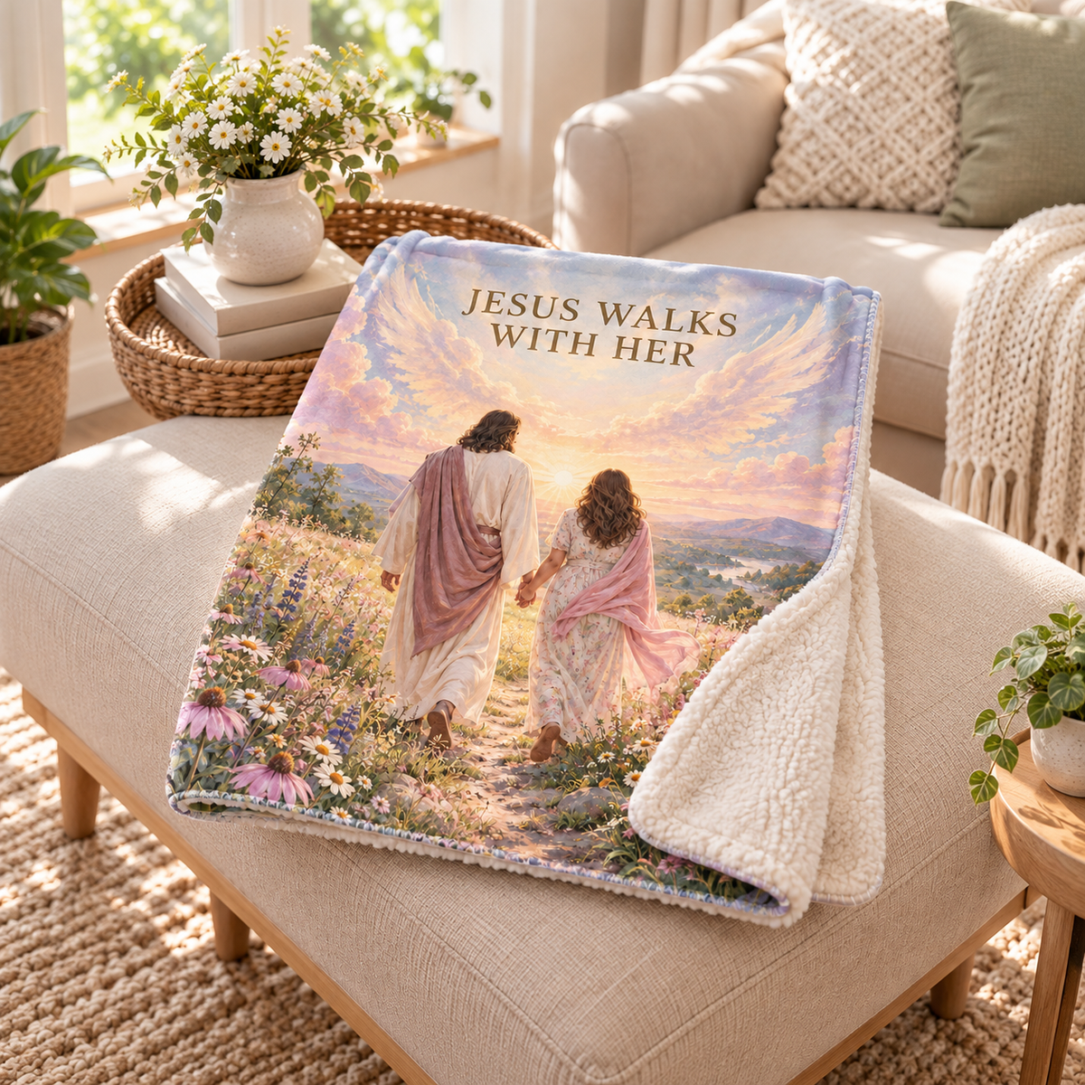 Jesus Walks With Her – Wildflower Christian Blanket