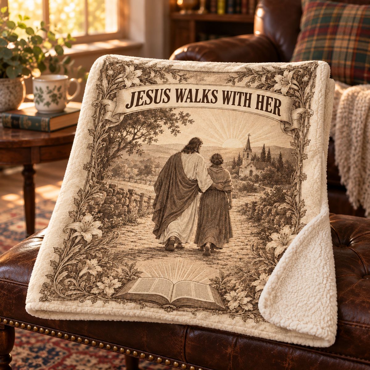 Jesus Walks With Her – Vintage Faith Christian Blanket