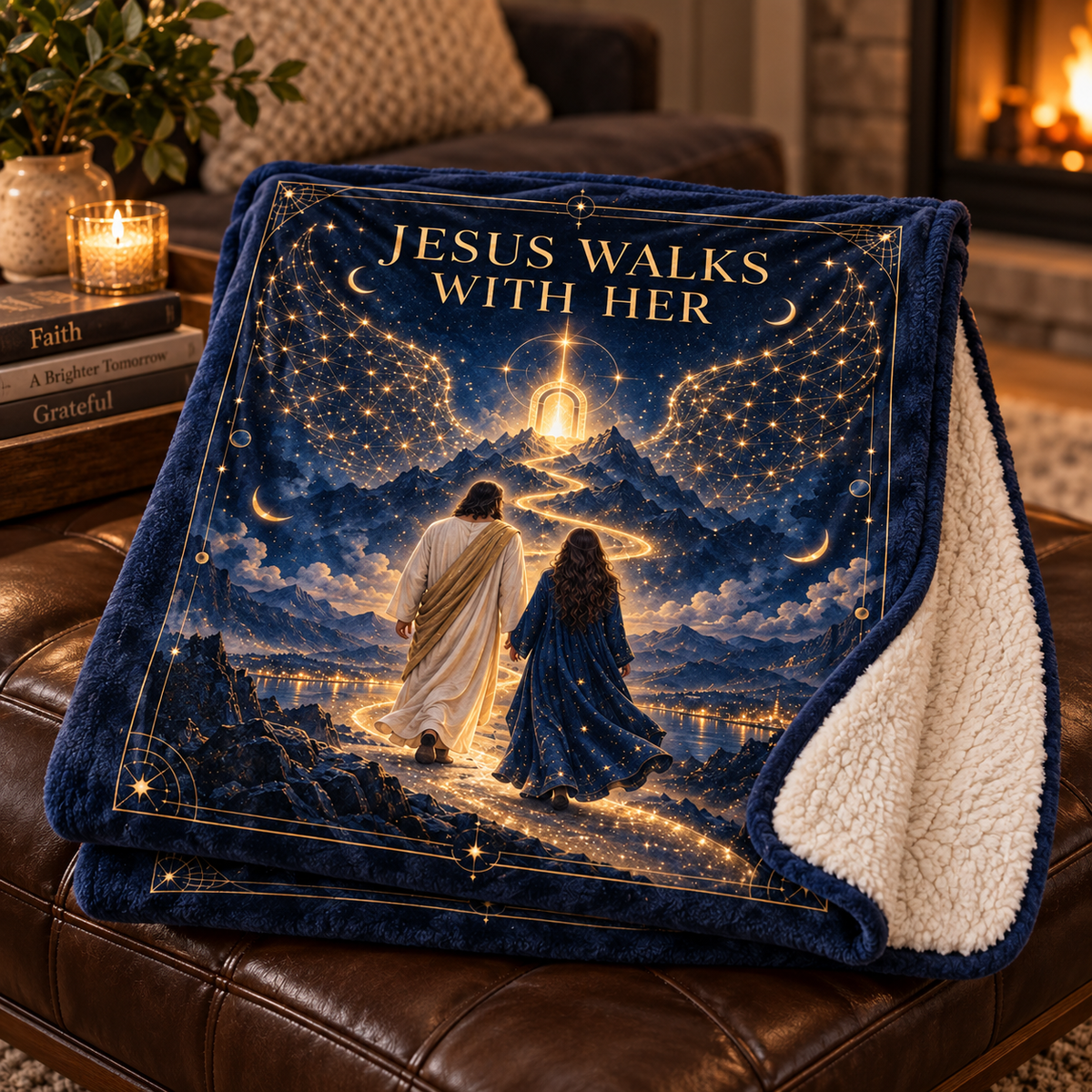 Jesus Walks With Her – Celestial Night Christian Blanket