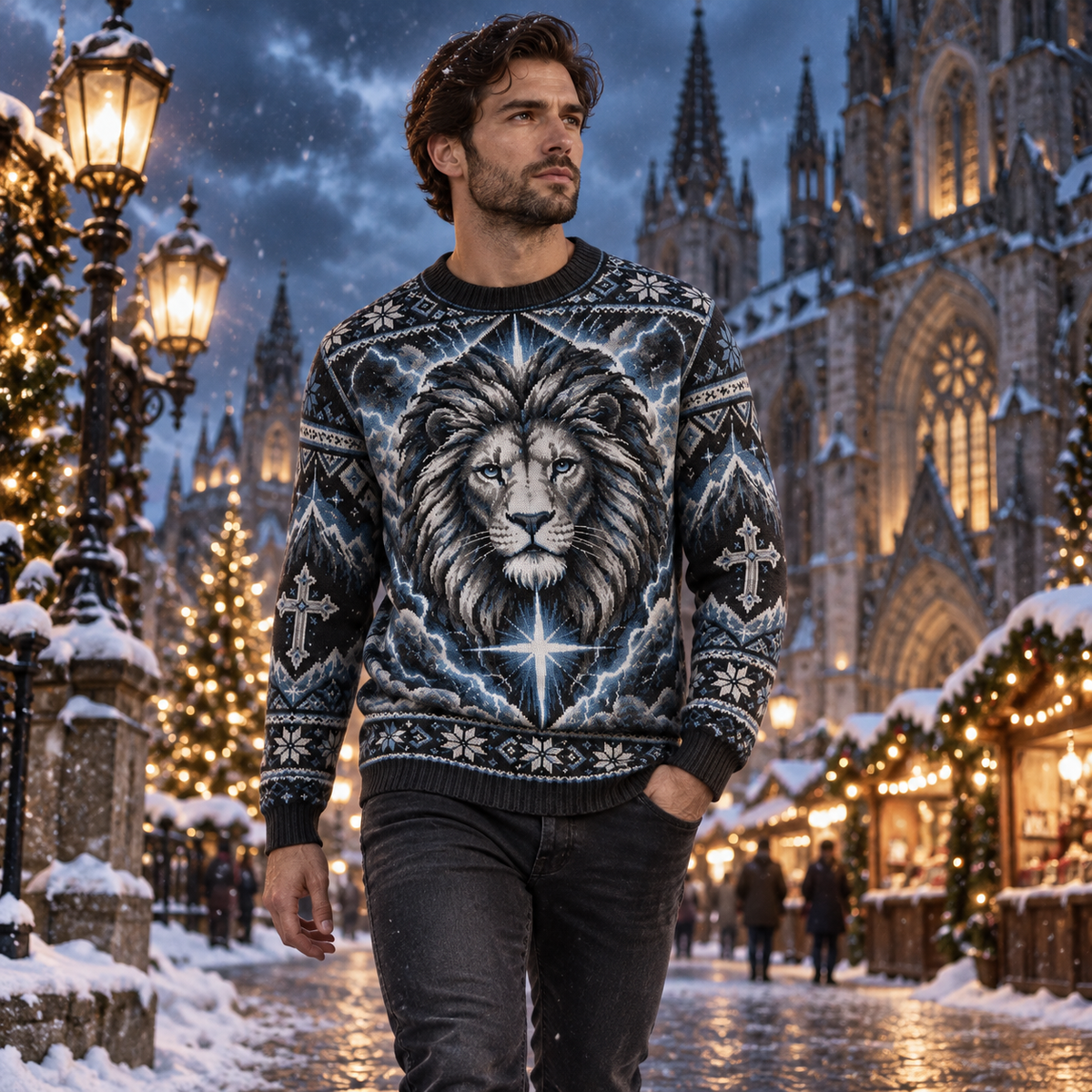 Lion of Judah Storm of Faith Black & Blue Christian Sweater