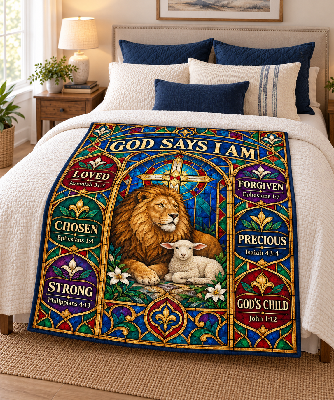 God Says I Am – Stained Glass Lion & Lamb Blanket
