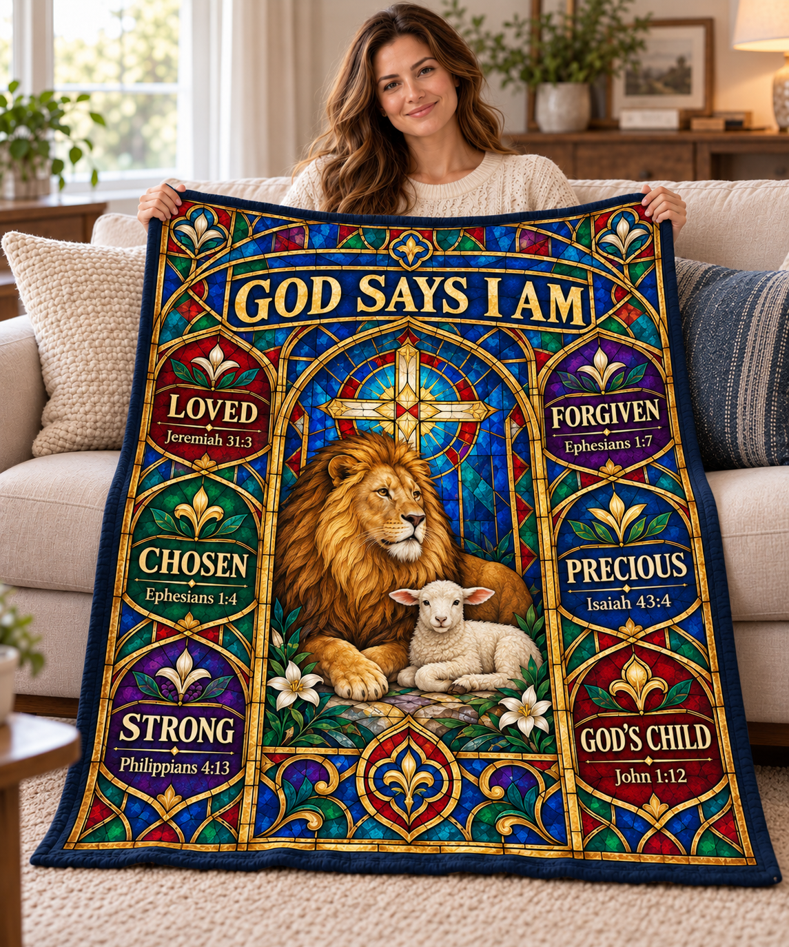 God Says I Am – Stained Glass Lion & Lamb Blanket