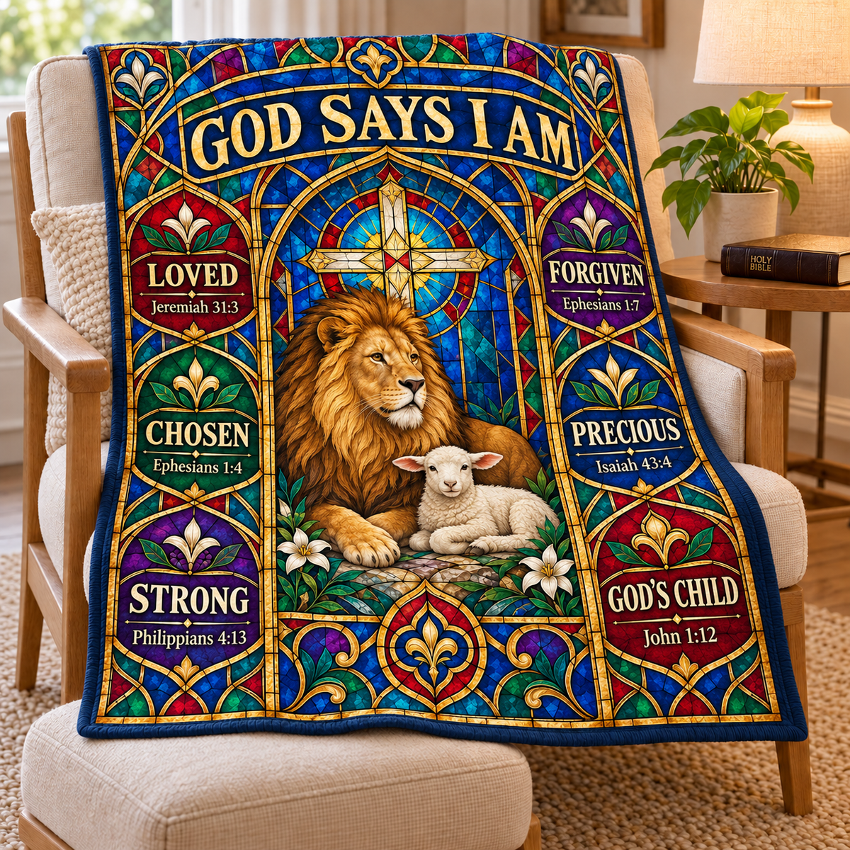 God Says I Am – Stained Glass Lion & Lamb Blanket