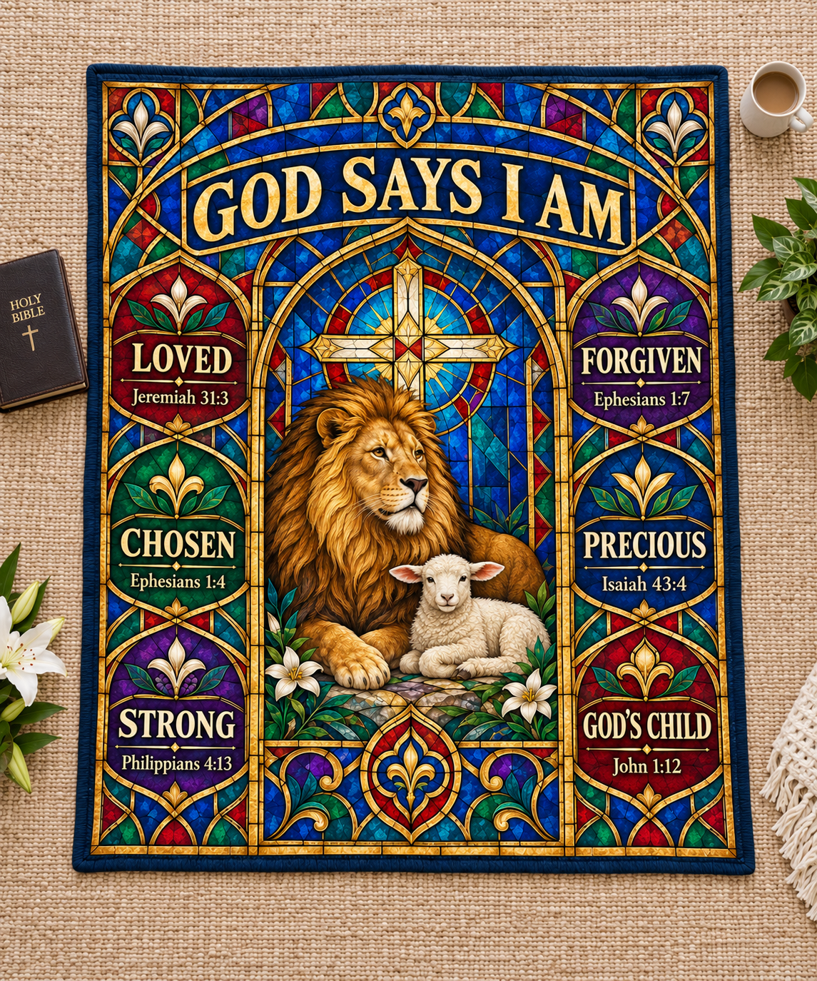 God Says I Am – Stained Glass Lion & Lamb Blanket