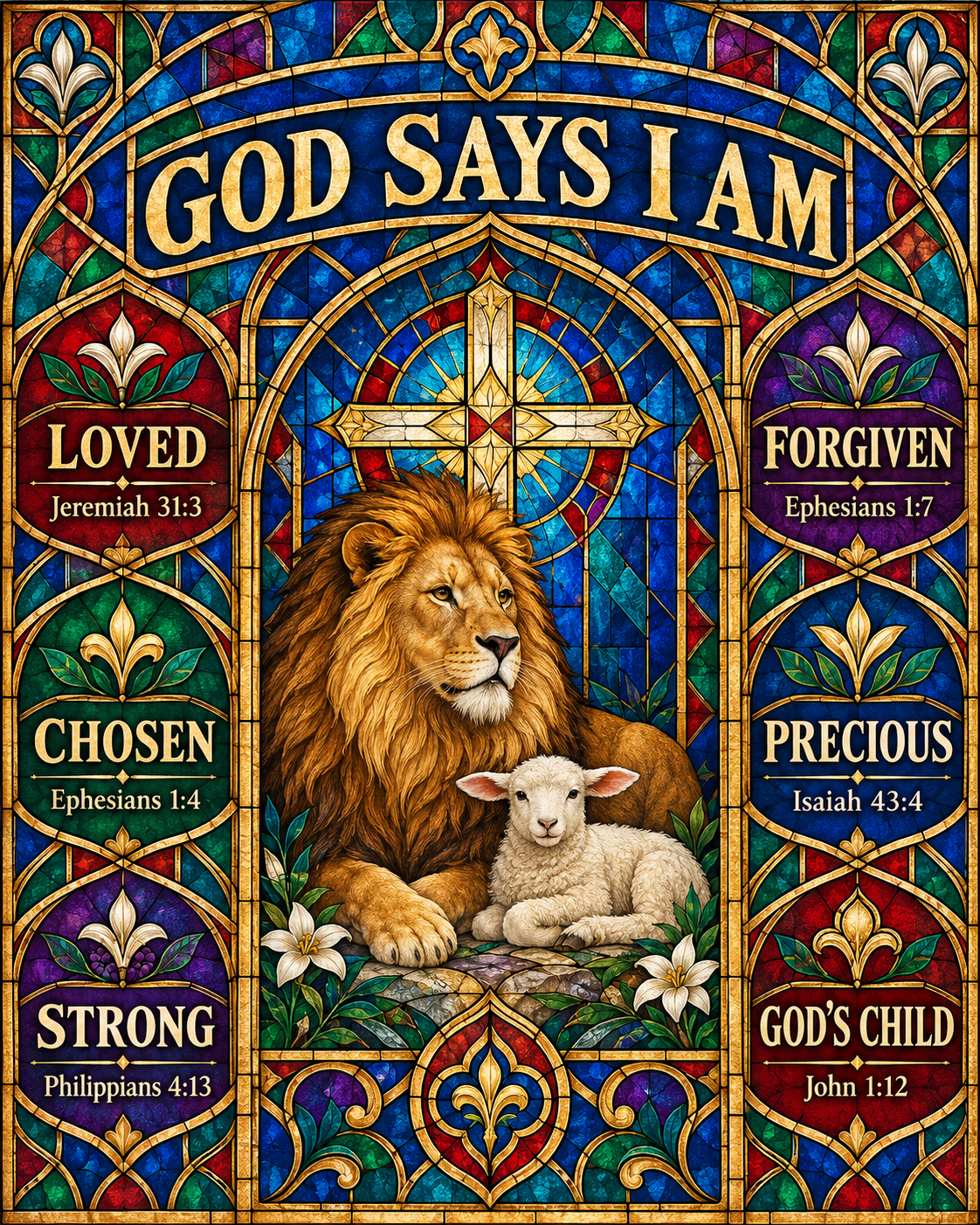 God Says I Am – Stained Glass Lion & Lamb Blanket