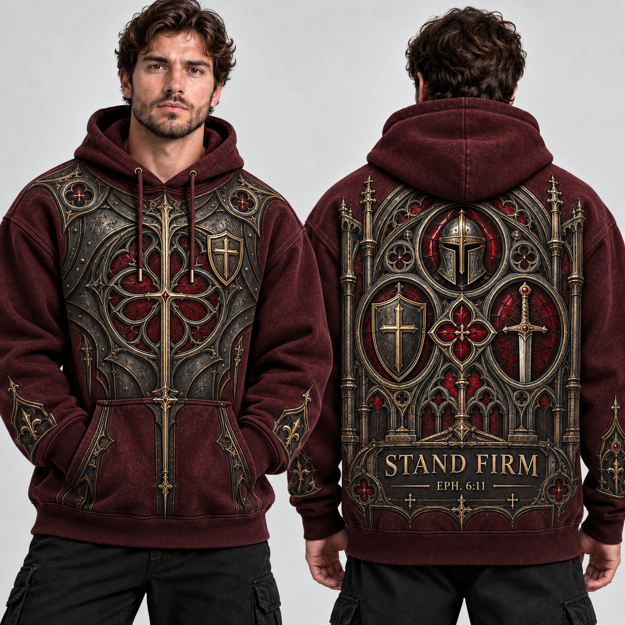 Stand Firm Ephesians 6:11 Christian Hoodie – Burgundy Gothic Armor