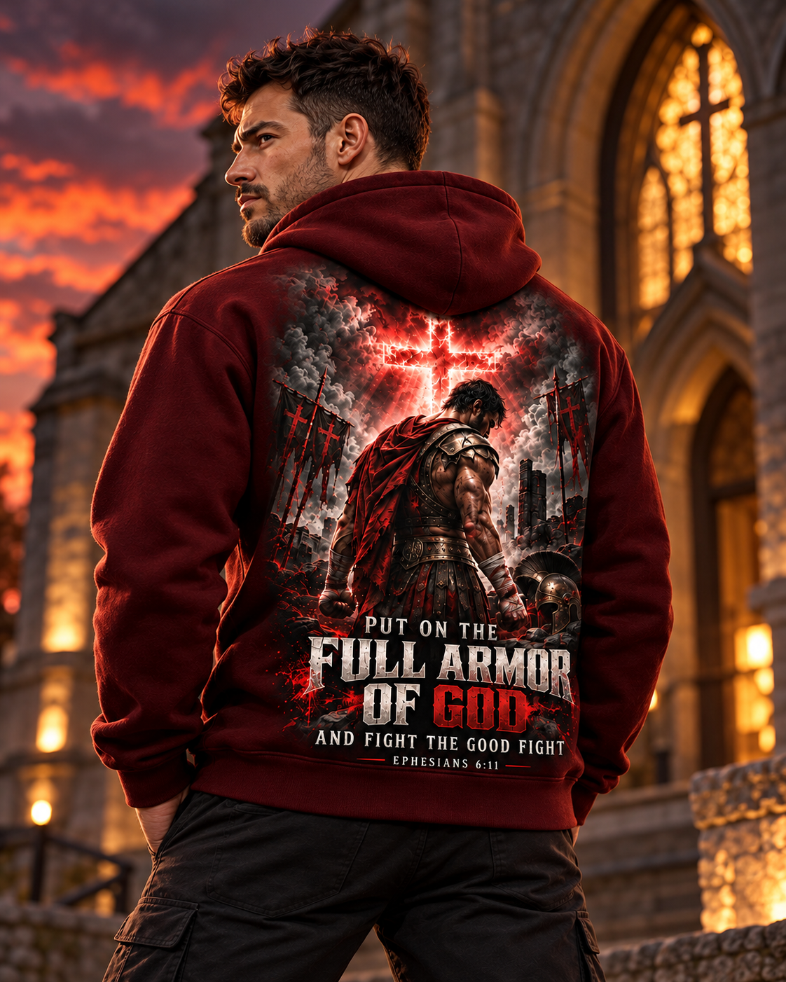 Fight the Good Fight – Full Armor Burgundy Christian Hoodie