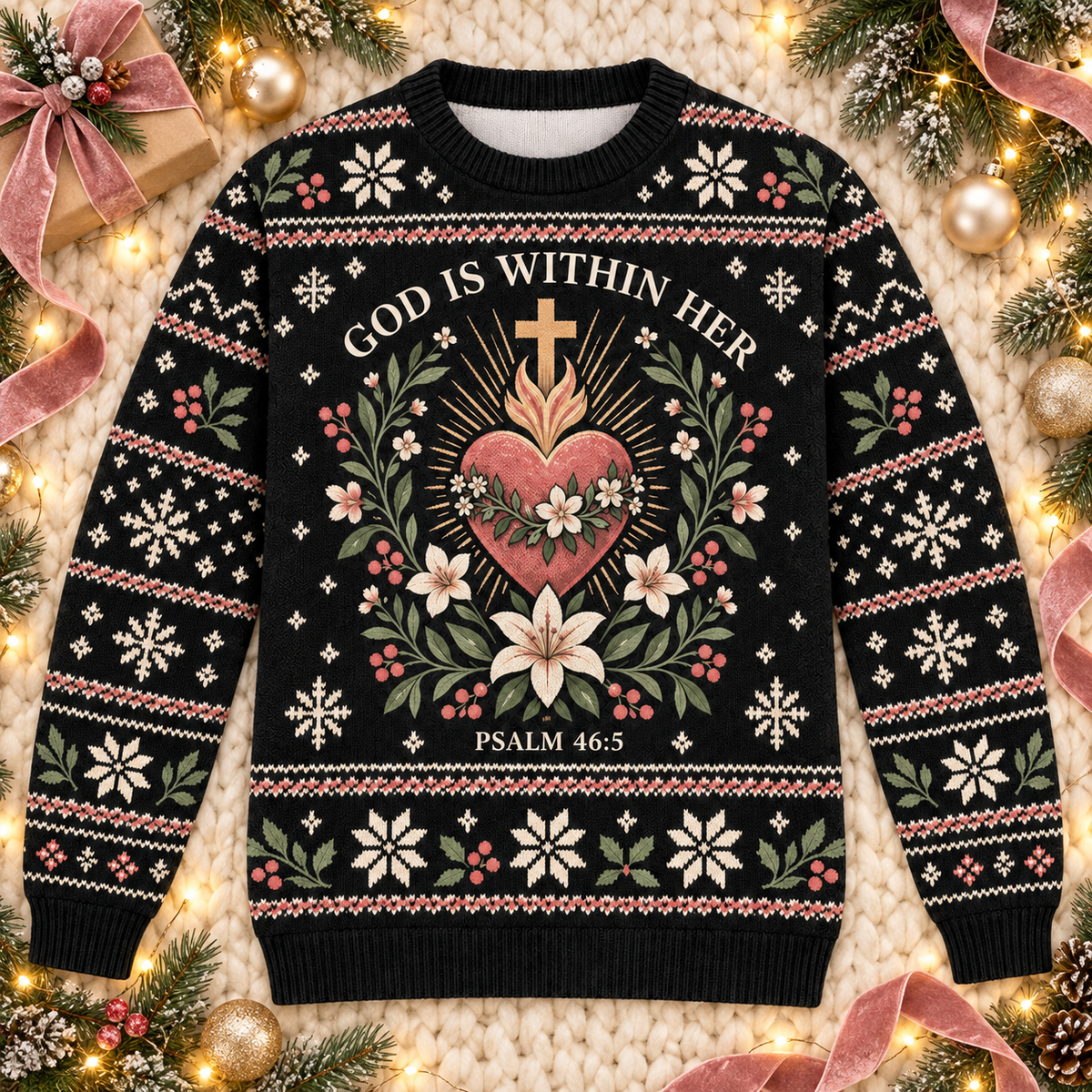 God Is Within Her Psalm 46:5 Christian Christmas Sweater – Sacred Heart
