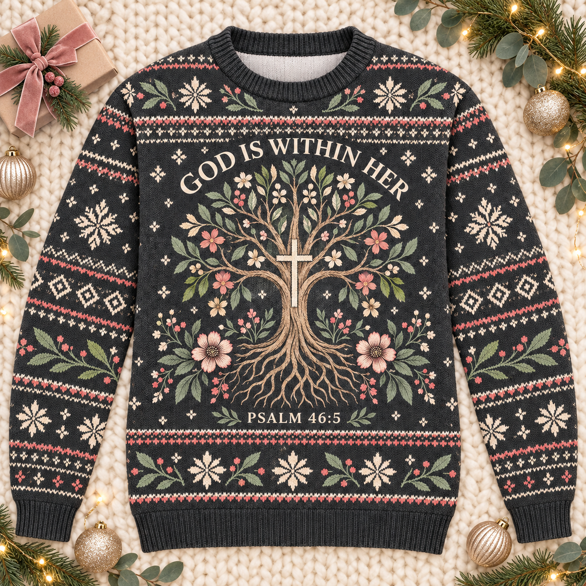 God Is Within Her Psalm 46:5 Christian Christmas Sweater – Tree of Faith