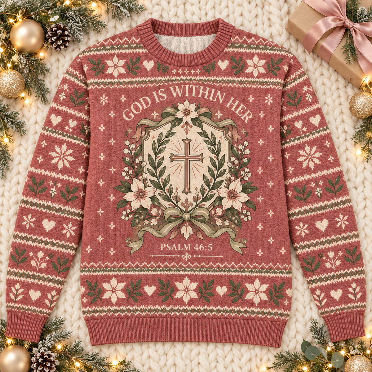 God Is Within Her Psalm 46:5 Christian Christmas Sweater – Vintage Floral Cross