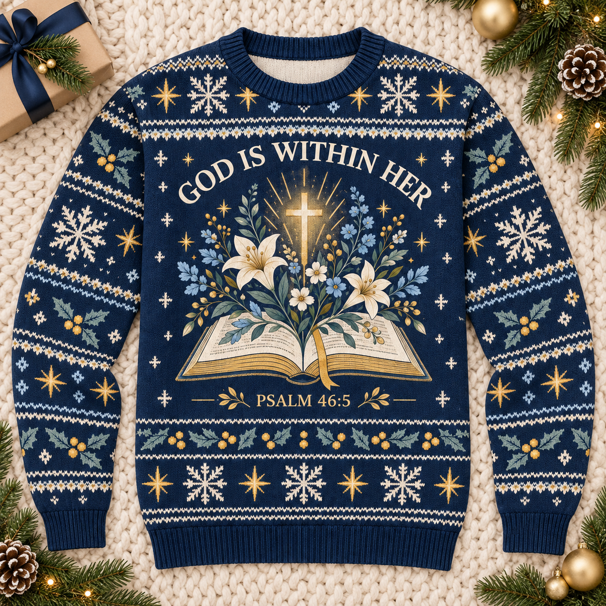 God Is Within Her Psalm 46:5 Christian Christmas Sweater – Bible & Lilies