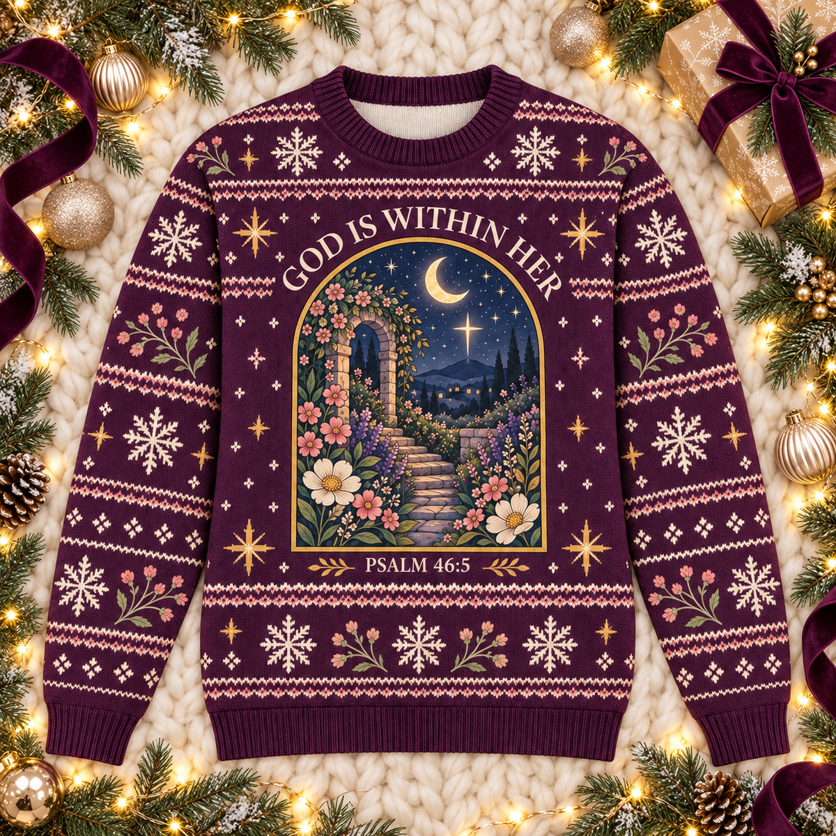 God Is Within Her Psalm 46:5 Christian Christmas Sweater – Midnight Garden