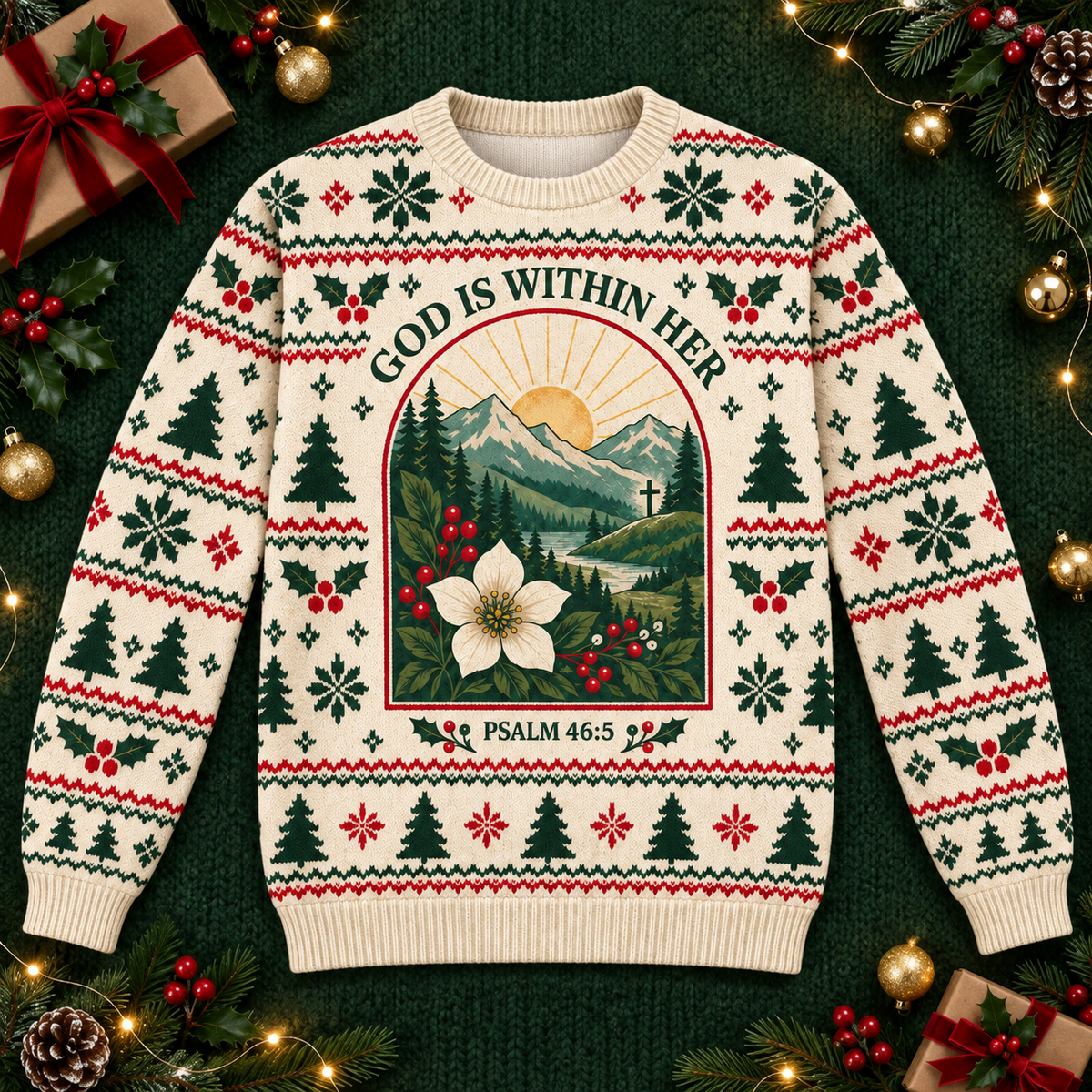 God Is Within Her Psalm 46:5 Christian Christmas Sweater – Mountain Sunrise