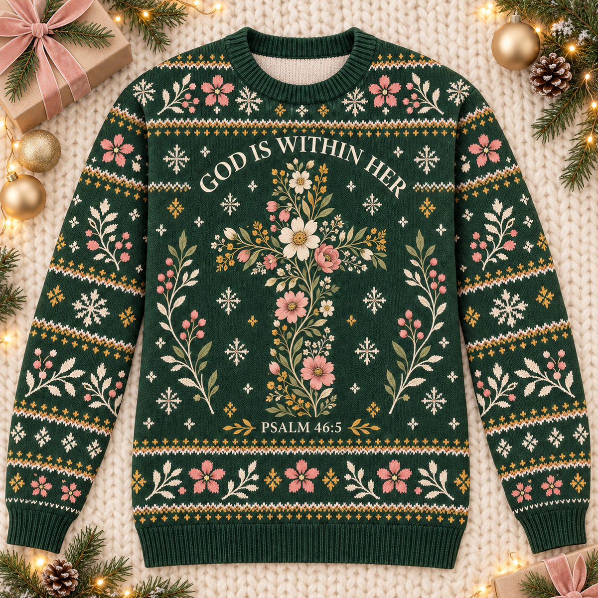 God Is Within Her Psalm 46:5 Christian Christmas Sweater – Floral Cross