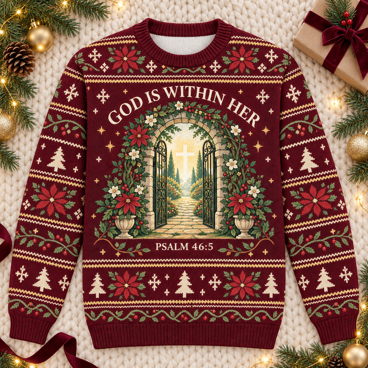 God Is Within Her Psalm 46:5 Christian Christmas Sweater – Heavenly Gate