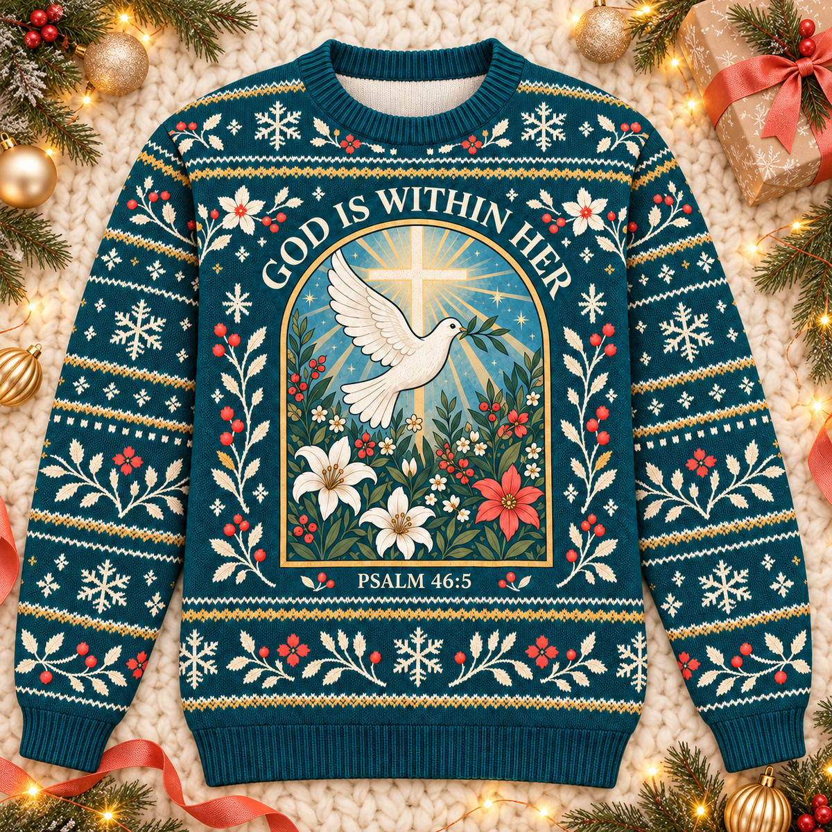 God Is Within Her Psalm 46:5 Christian Christmas Sweater – Dove of Peace