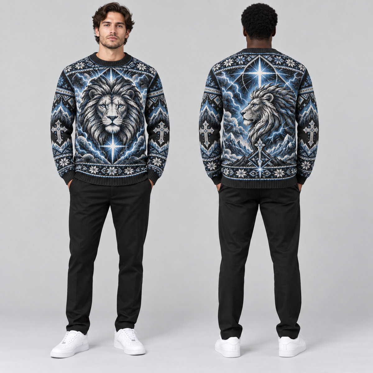 Lion of Judah Storm of Faith Black & Blue Christian Sweater