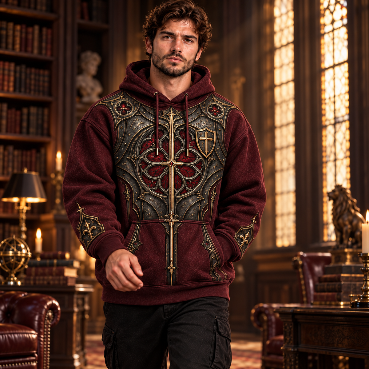 Stand Firm Ephesians 6:11 Christian Hoodie – Burgundy Gothic Armor