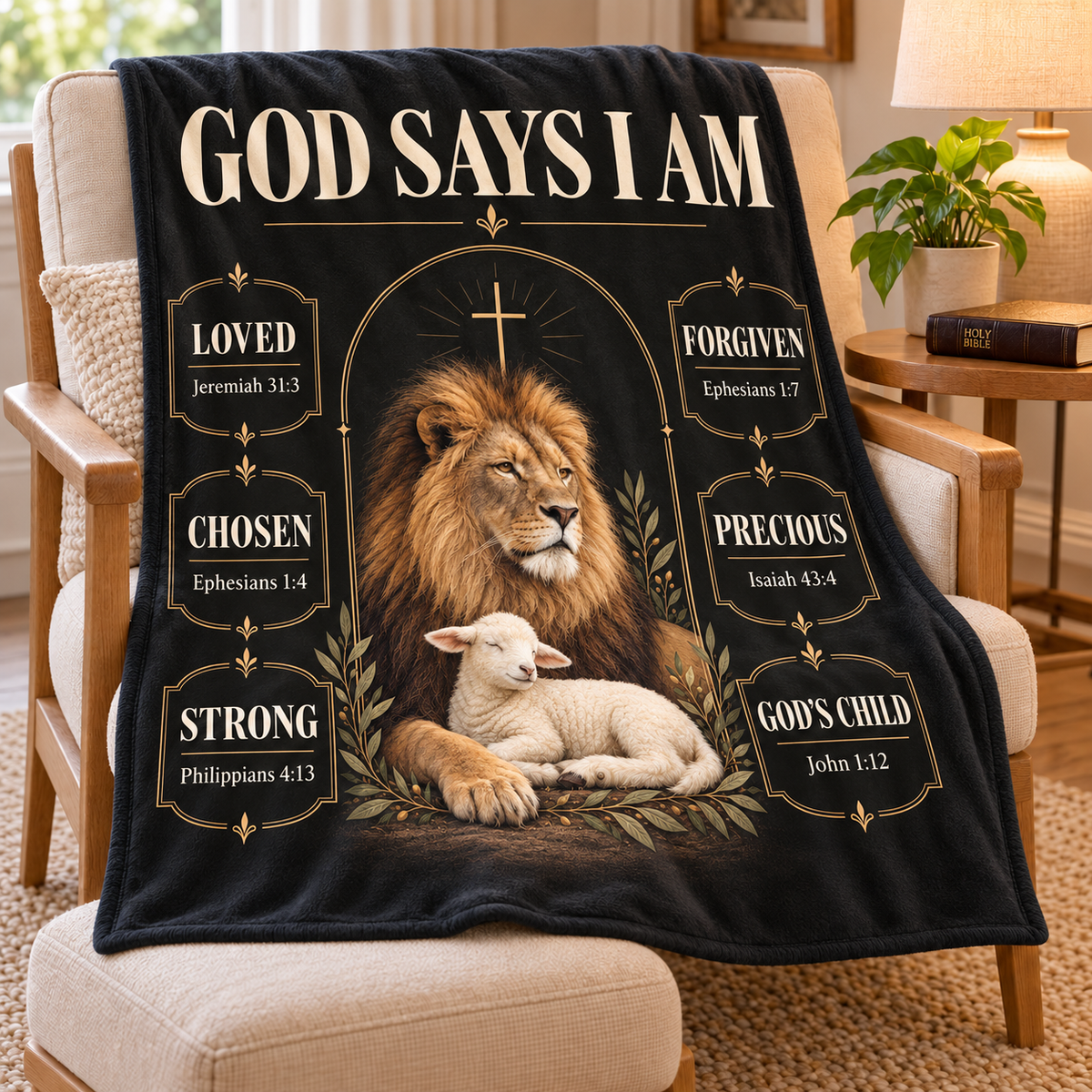 God Says I Am – Lion & Lamb Classic Christian Blanket
