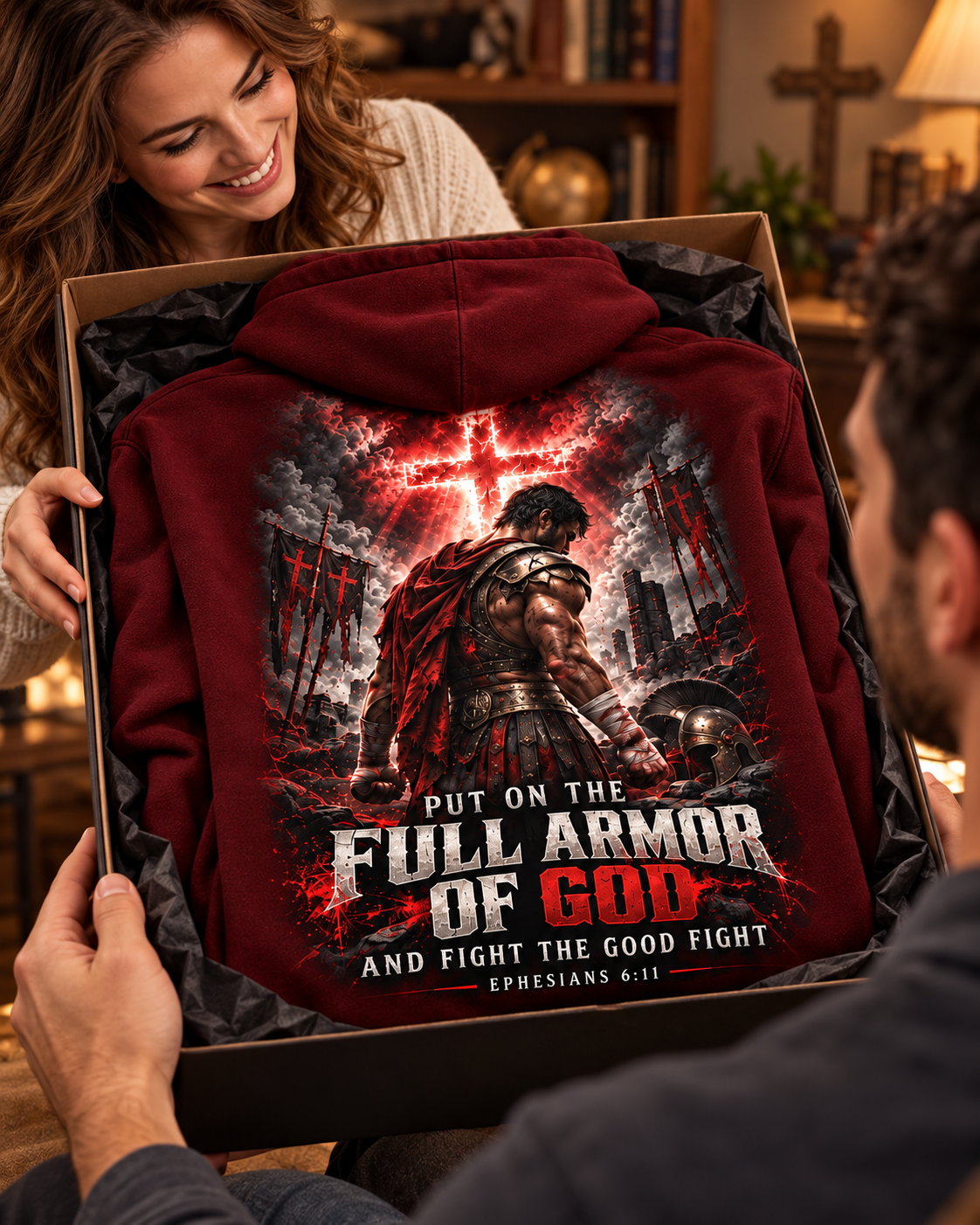 Fight the Good Fight – Full Armor Burgundy Christian Hoodie