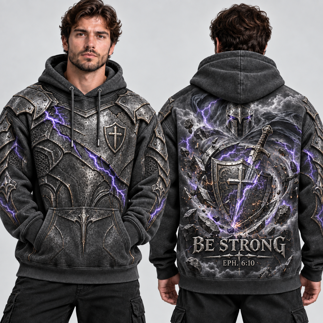 Be Strong Ephesians 6:10 Christian Armor Hoodie – Storm Forged