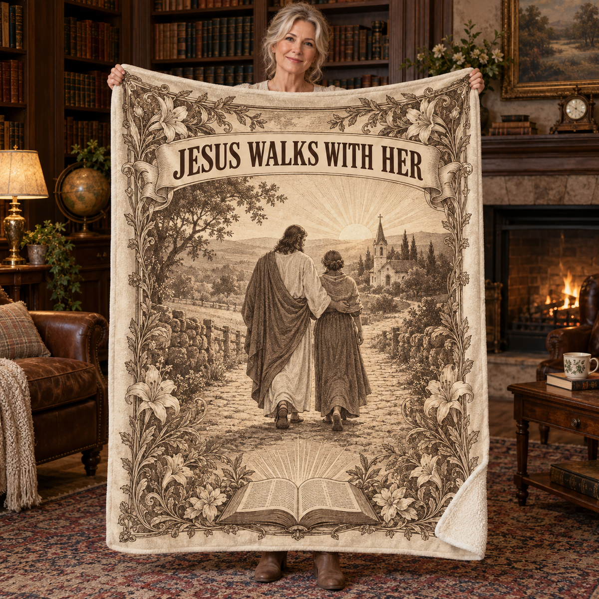 Jesus Walks With Her – Vintage Faith Christian Blanket