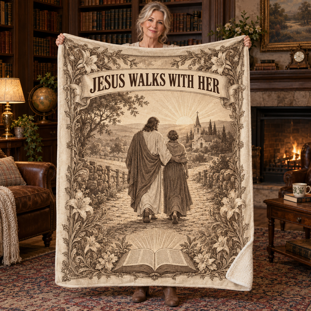 Jesus Walks With Her – Vintage Faith Christian Blanket