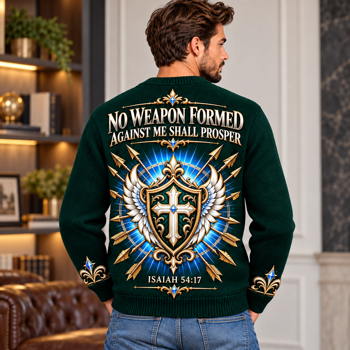 No Weapon Formed – Guardian Shield Emerald Green Christian Sweater