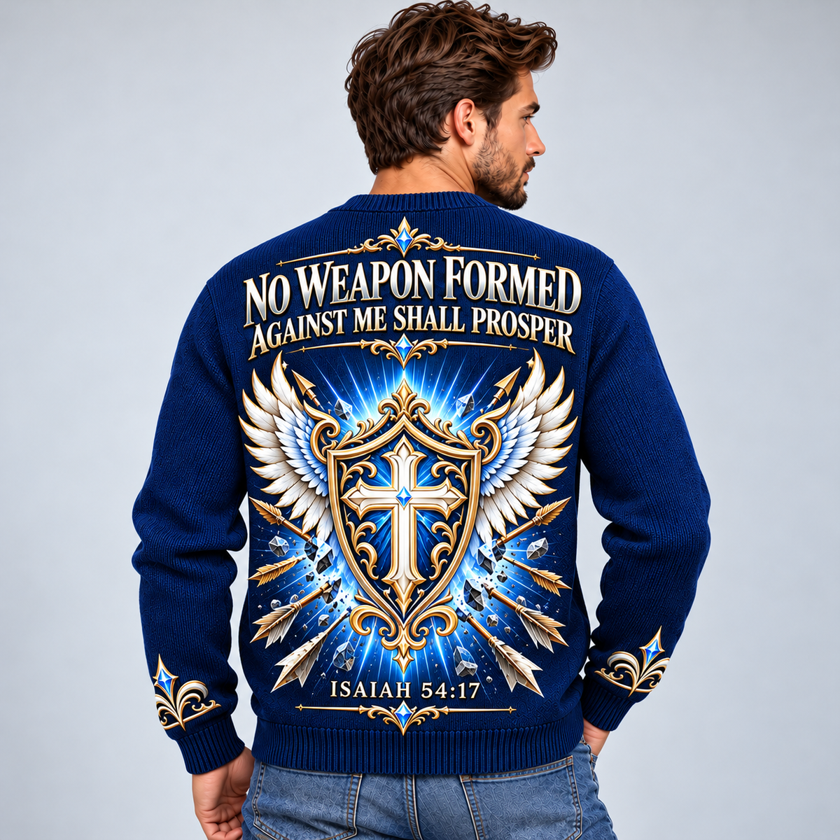 No Weapon Formed – Crowned Victory Royal Blue Christian Sweater