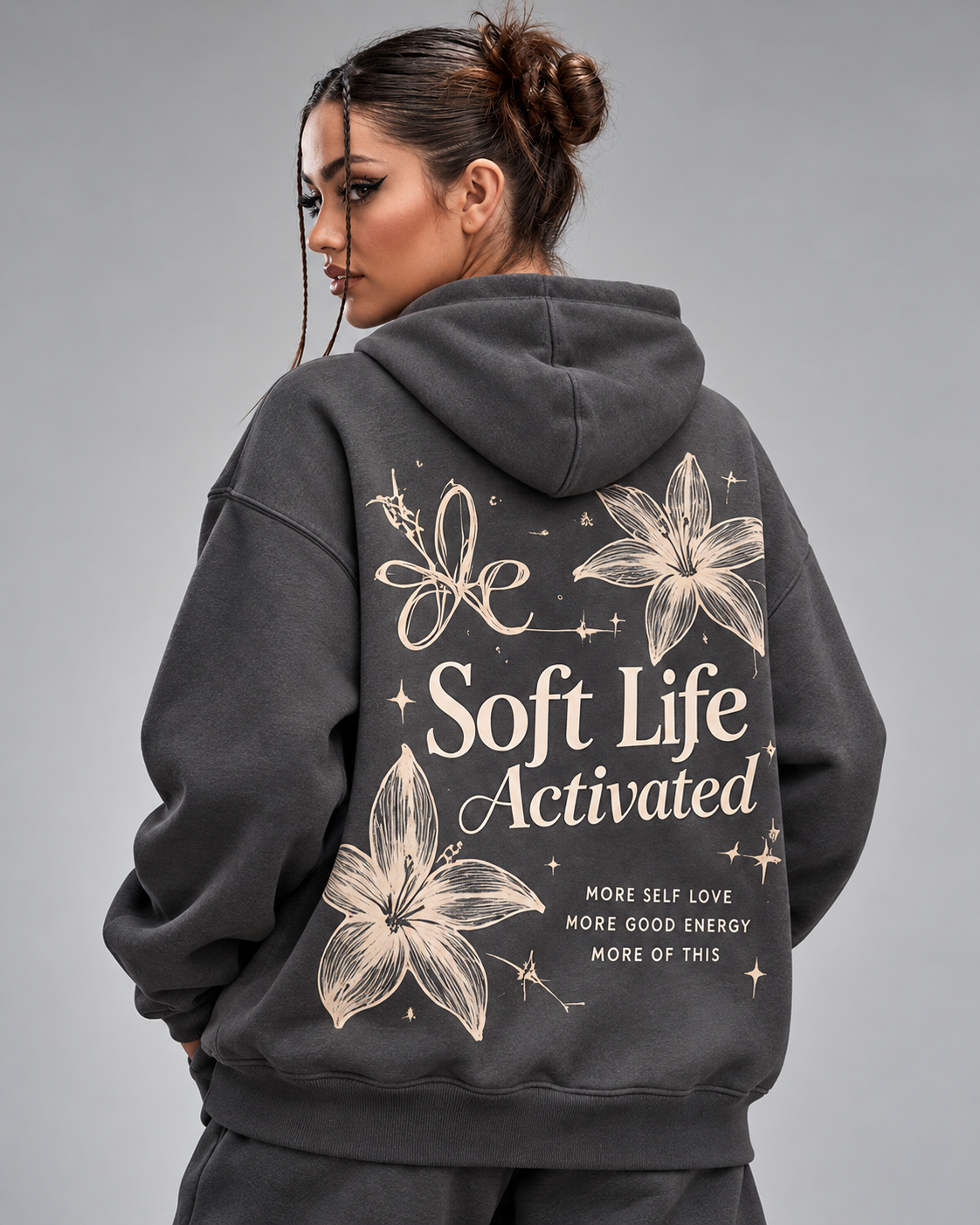 Soft Life Activated – Charcoal Wildflower Oversized Hoodie