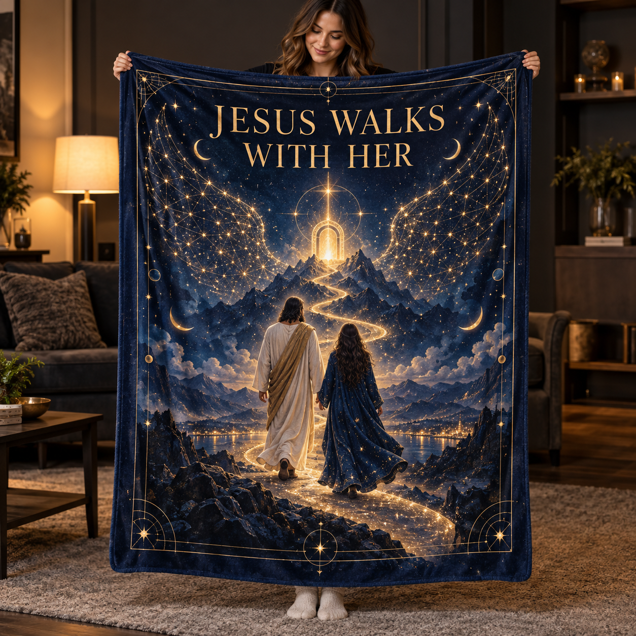 Jesus Walks With Her – Celestial Night Christian Blanket
