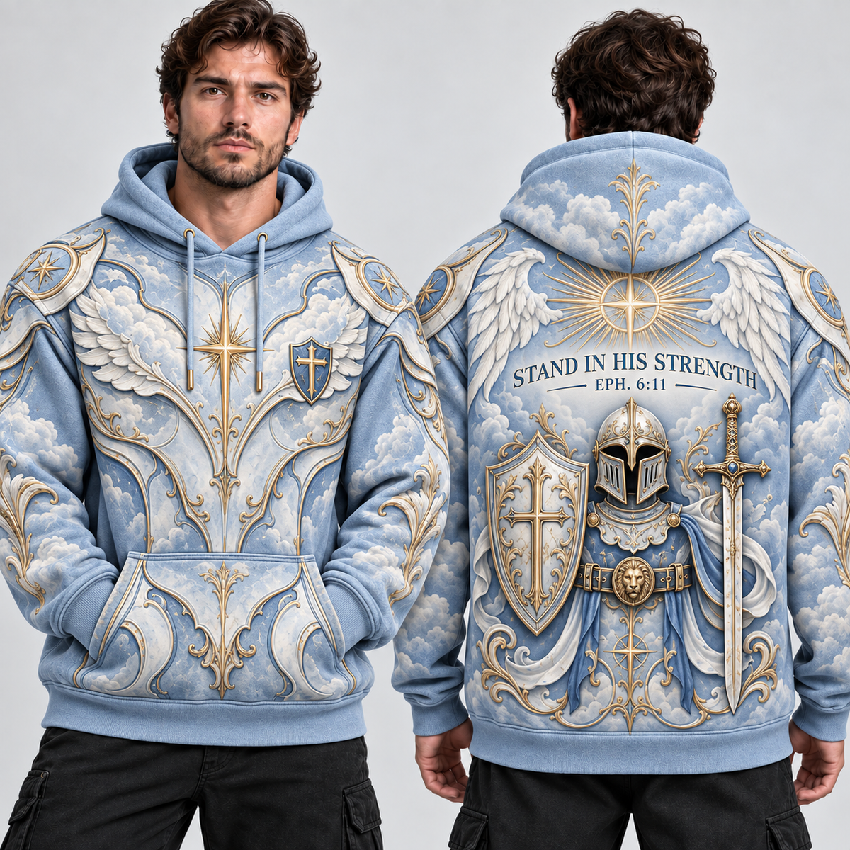 Stand In His Strength Ephesians 6:11 Christian Hoodie – Celestial Blue