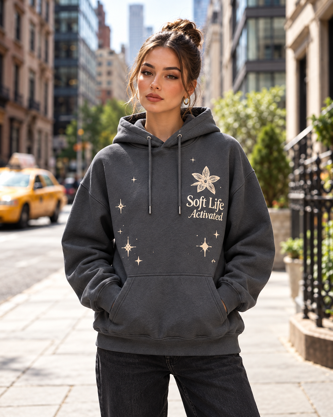 Soft Life Activated – Charcoal Wildflower Oversized Hoodie